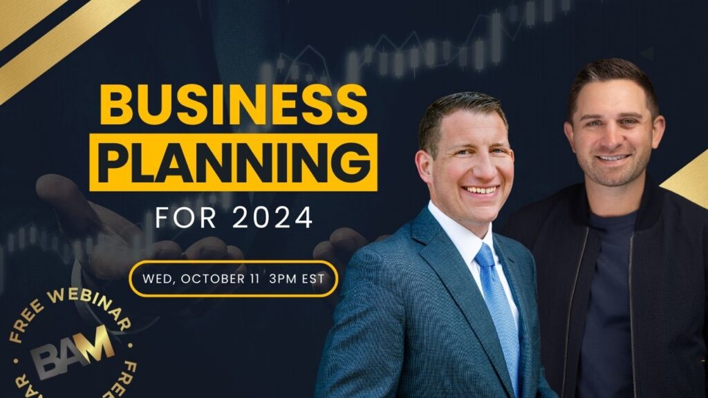 Promotional banner showing two men in business attire for a free webinar titled 'Business Planning for 2024' with date and time details.