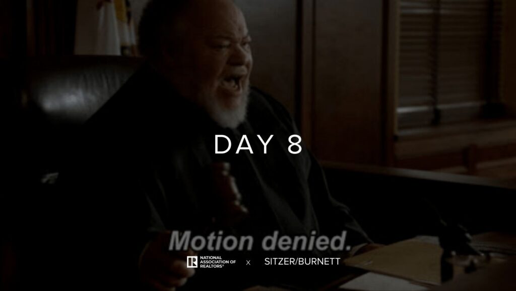 Dimly lit man with white beard sits at a desk; overlaid text reads 'DAY 8' with 'Motion denied.' and sponsor logos at the bottom.