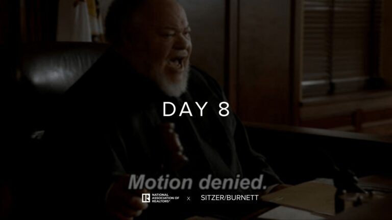 Dimly lit man with white beard sits at a desk; overlaid text reads 'DAY 8' with 'Motion denied.' and sponsor logos at the bottom.