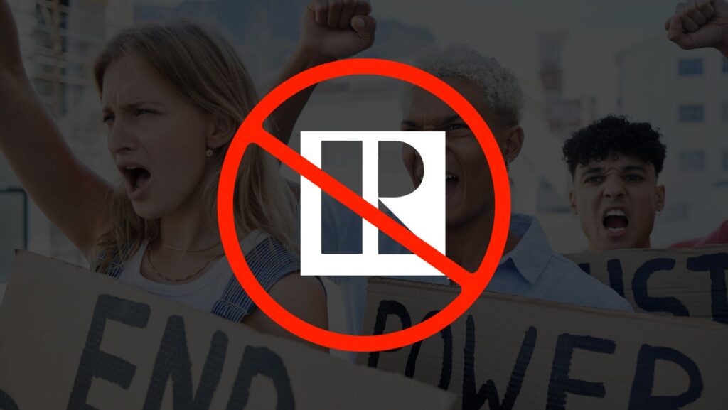 Group of diverse protesters holding signs, with a large red 'no' symbol overlaid, conveying opposition or protest.