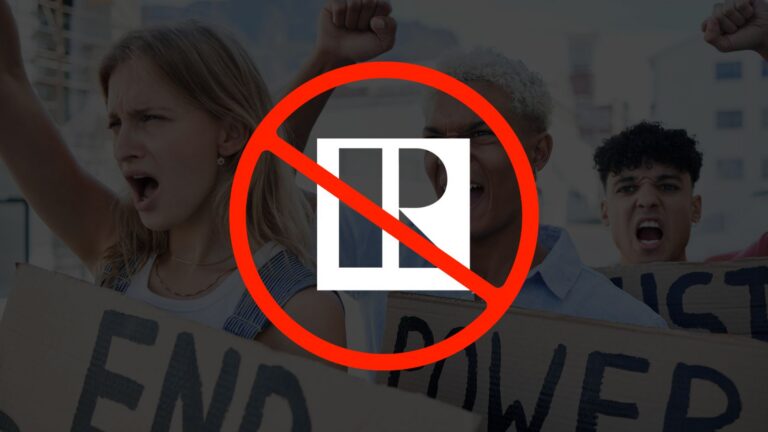 Group of diverse protesters holding signs, with a large red 'no' symbol overlaid, conveying opposition or protest.