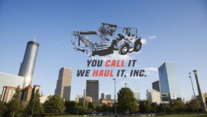 Promotional banner with a bulldozer illustration and the slogan 'You call it, we haul it, Inc.' over a city skyline, conveying hauling services.