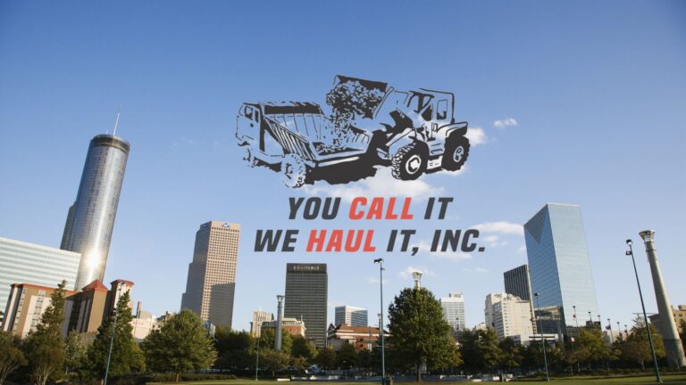 Promotional banner with a bulldozer illustration and the slogan 'You call it, we haul it, Inc.' over a city skyline, conveying hauling services.
