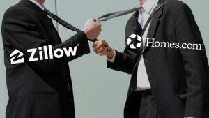 Two businessmen in dark suits shake their ties, overlaid with Zillow and Homes.com logos to symbolize a partnership.