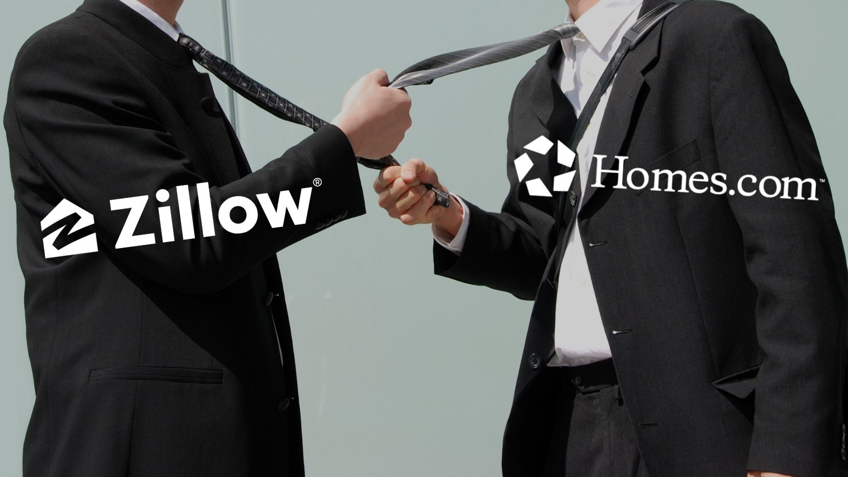 Two businessmen in dark suits shake their ties, overlaid with Zillow and Homes.com logos to symbolize a partnership.