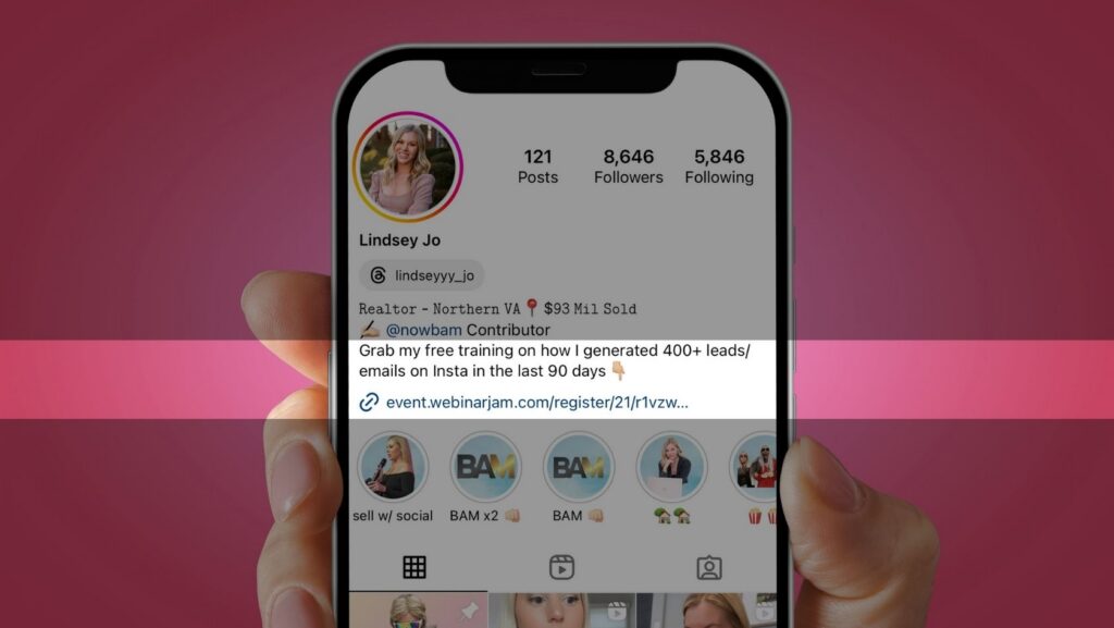 Instagram profile screen for Lindsey Jo showing profile pic, posts, followers, following and bio link area