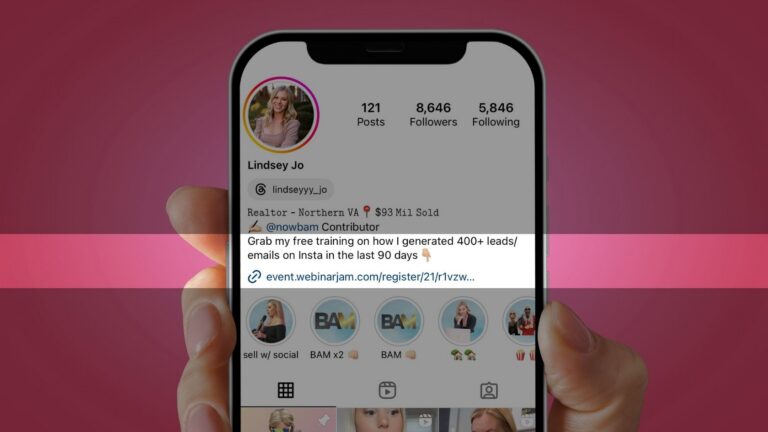 Instagram profile screen for Lindsey Jo showing profile pic, posts, followers, following and bio link area