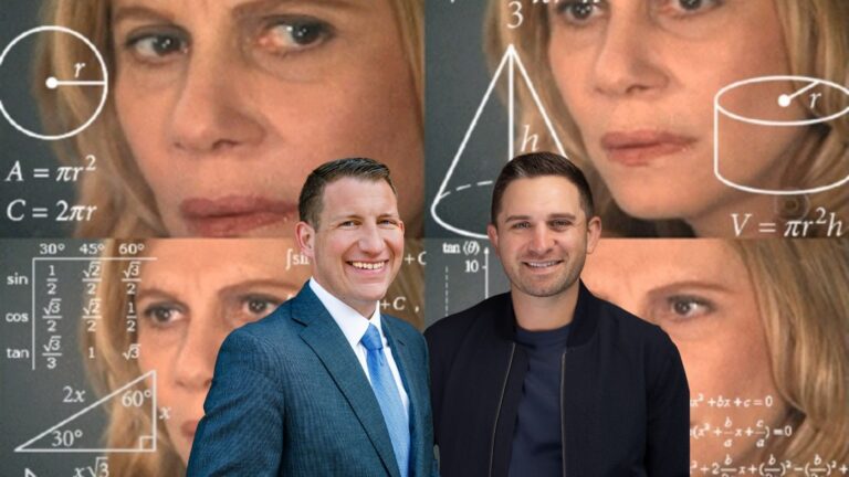 Two smiling men in business attire stand in front of a collage of math formulas, diagrams, and oversized faces in the background.