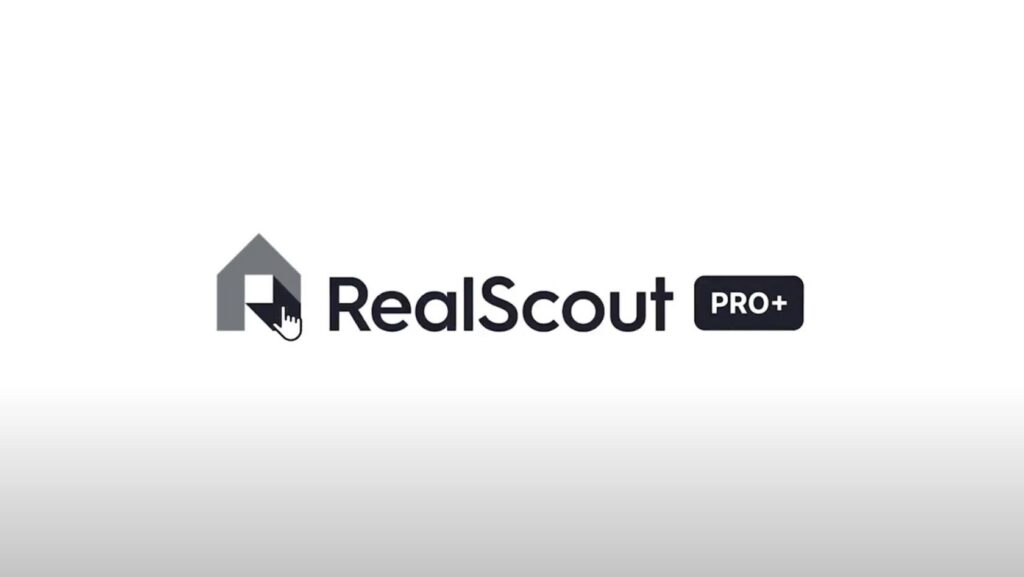 RealScout Pro+ logo with a stylized house icon and a cursor hand element in dark gray and black typography, centered on a white background.