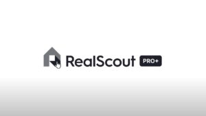 RealScout Pro+ logo with a stylized house icon and a cursor hand element in dark gray and black typography, centered on a white background.