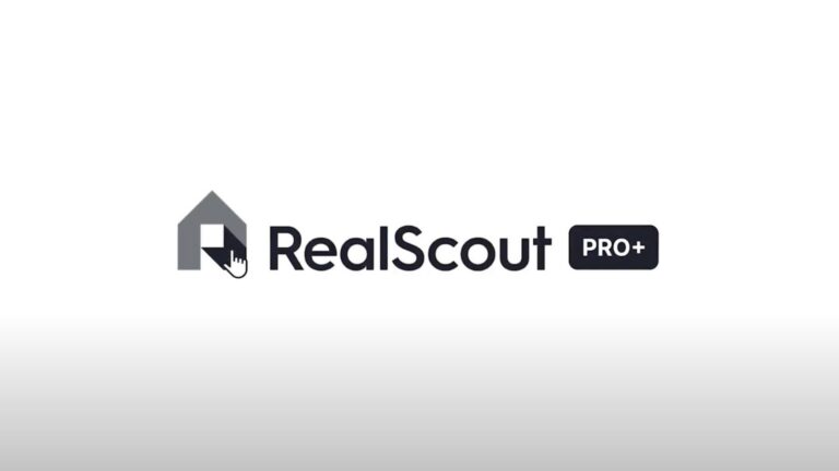 RealScout Pro+ logo with a stylized house icon and a cursor hand element in dark gray and black typography, centered on a white background.