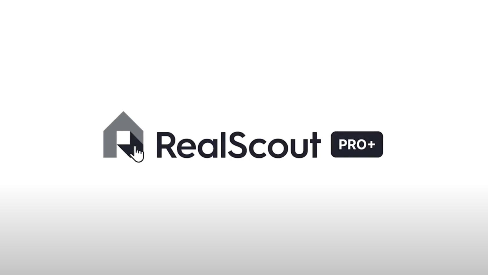 RealScout Pro+ logo with a stylized house icon and a cursor hand element in dark gray and black typography, centered on a white background.