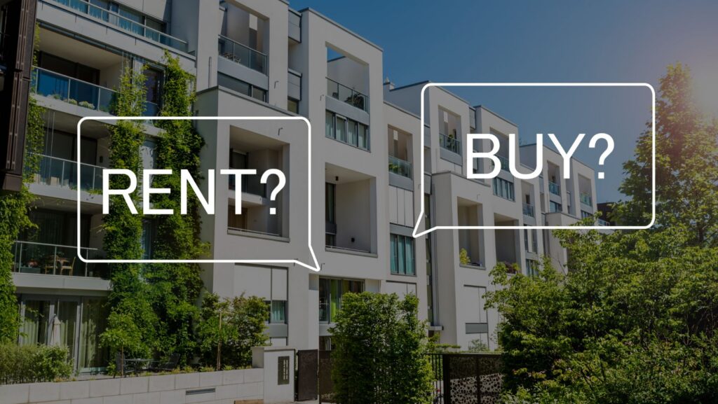 Modern apartment building with glass balconies and two white outlined speech bubbles reading RENT? and BUY?.