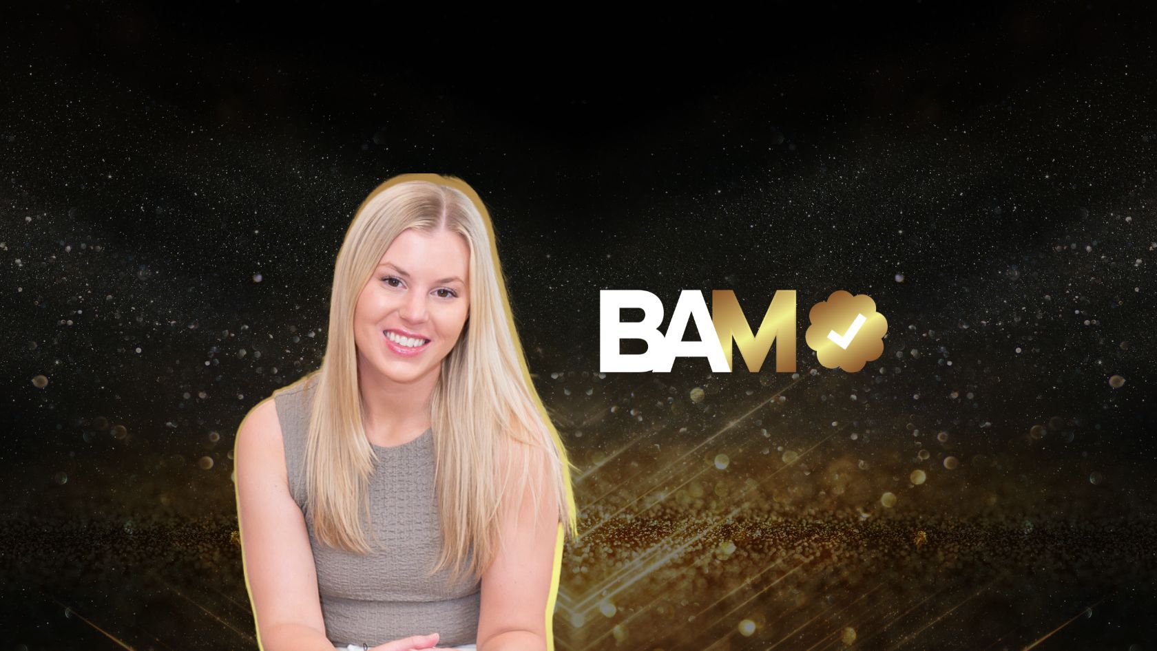 Smiling blonde woman in a beige sleeveless top posed against a glittery black and gold background with a BAM logo nearby.