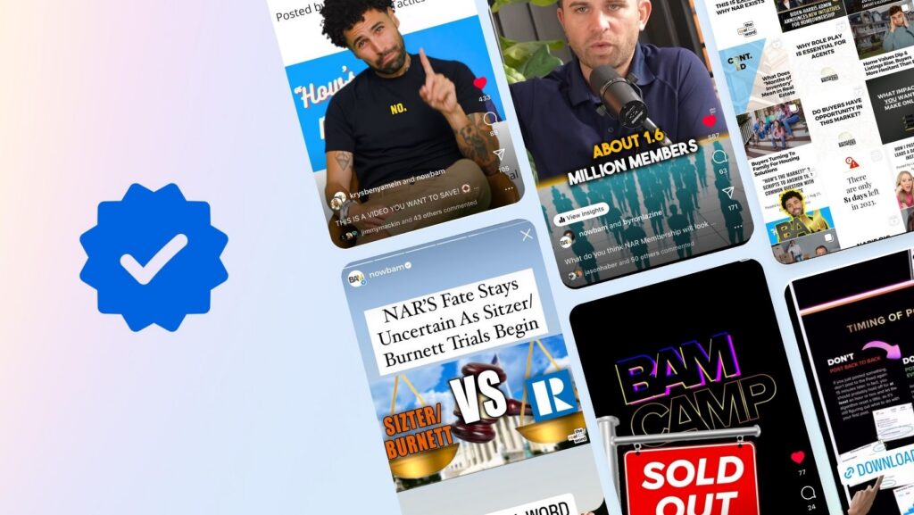 Collage of social media stories with bold headlines and a large blue verification badge on the left, indicating a trusted source.