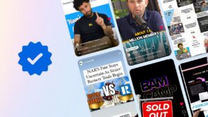 Meta-Verified-for-Business-Accounts-What-Do-You-Get-for-21.99-a-Month-1 - BAM Collage of social media stories with bold headlines and a large blue verification badge on the left, indicating a trusted source.