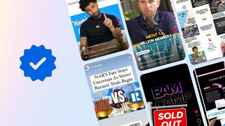 Collage of social media stories with bold headlines and a large blue verification badge on the left, indicating a trusted source.