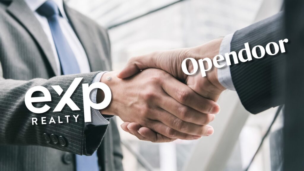 Two suited professionals shake hands, with eXp Realty and OpenDoor logos overlaid, symbolizing a real estate partnership