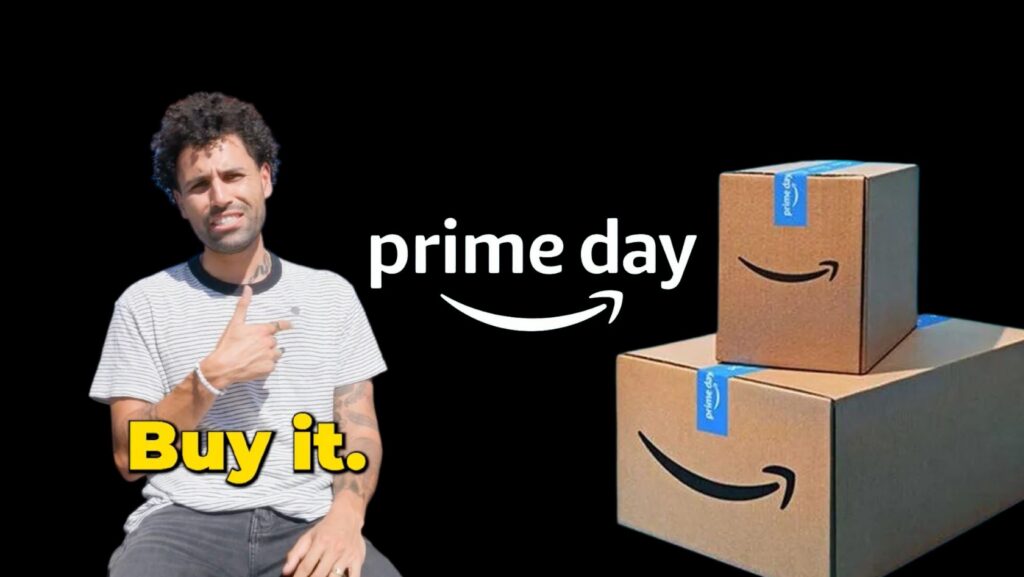 Man in a striped shirt points at two stacked Amazon boxes on a black background, with 'prime day' and 'Buy it.' captions.