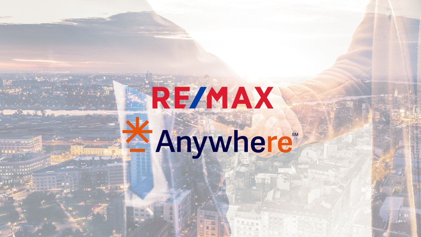 Banner showing RE/MAX and Anywhere logos over a city skyline with a subtle, translucent handshake or reflection effect in the background—conveys a real estate collaboration/brand partnership.