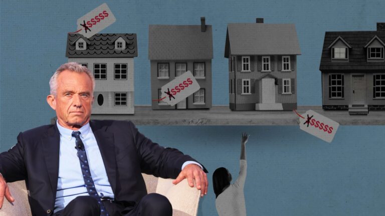 Businessman seated on a sofa with a row of model houses behind him and price tags showing dollars, illustrating housing costs.
