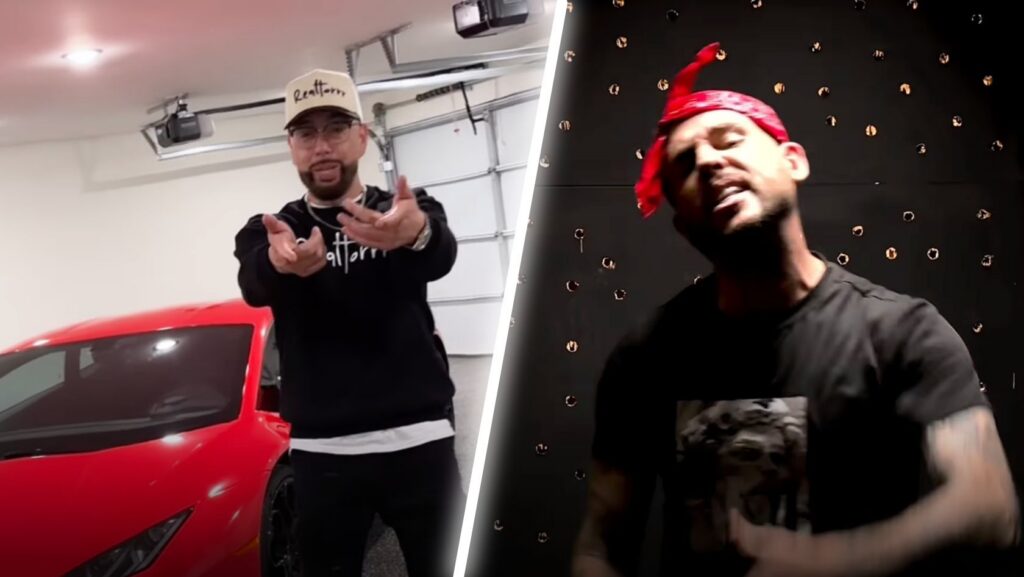 Split-screen of two men: left in a garage with a red sports car, gesturing toward the camera; right in a dark room wearing a red bandana and black shirt.