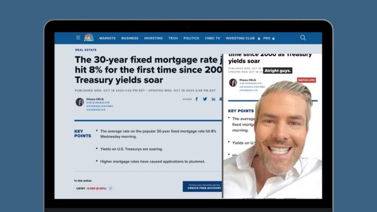 CNBC article about 30-year mortgage rates on a laptop screen with a right-side video overlay showing a smiling man