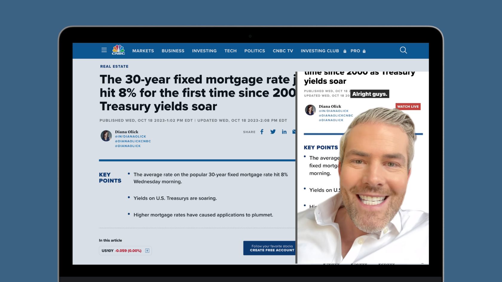 CNBC article about 30-year mortgage rates on a laptop screen with a right-side video overlay showing a smiling man