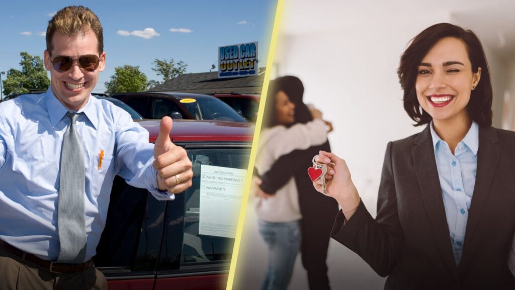 Split image: a smiling salesman thumbs up beside a red car at a used-car lot; a woman in a blazer hands over car keys on the right.