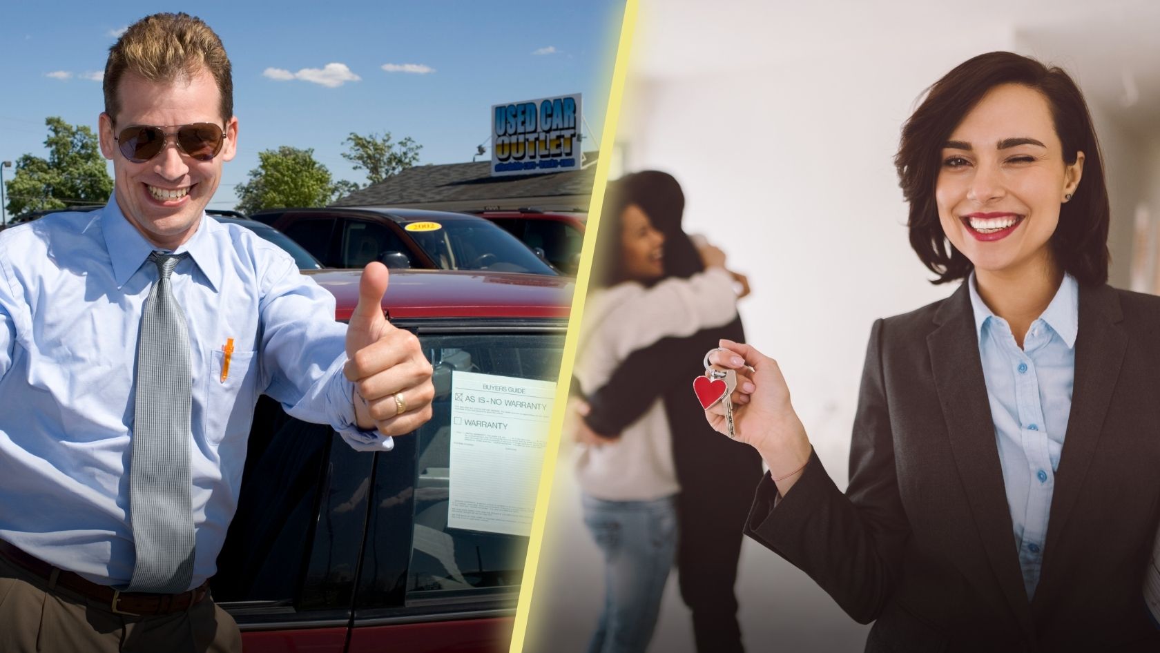 Split image: a smiling salesman thumbs up beside a red car at a used-car lot; a woman in a blazer hands over car keys on the right.