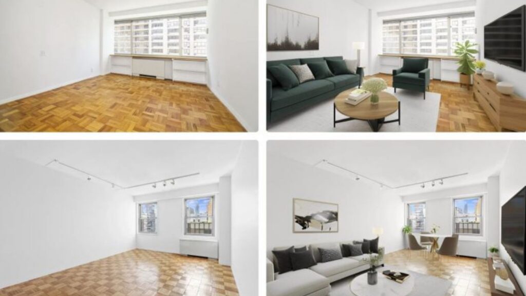 Collage of a bright city apartment: top-left an empty living room with parquet floor and large window; top-right a furnished living room with dark green sofa and wooden cabinet; bottom-left an empty room with two windows; bottom-right a furnished living/dining space with sofa, chair, and table against white walls.
