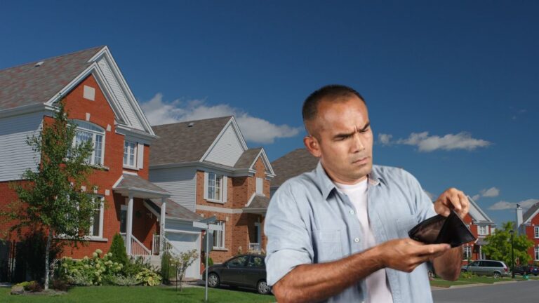 Man in a light blue shirt looks into an open wallet with a worried expression, against a backdrop of suburban houses.
