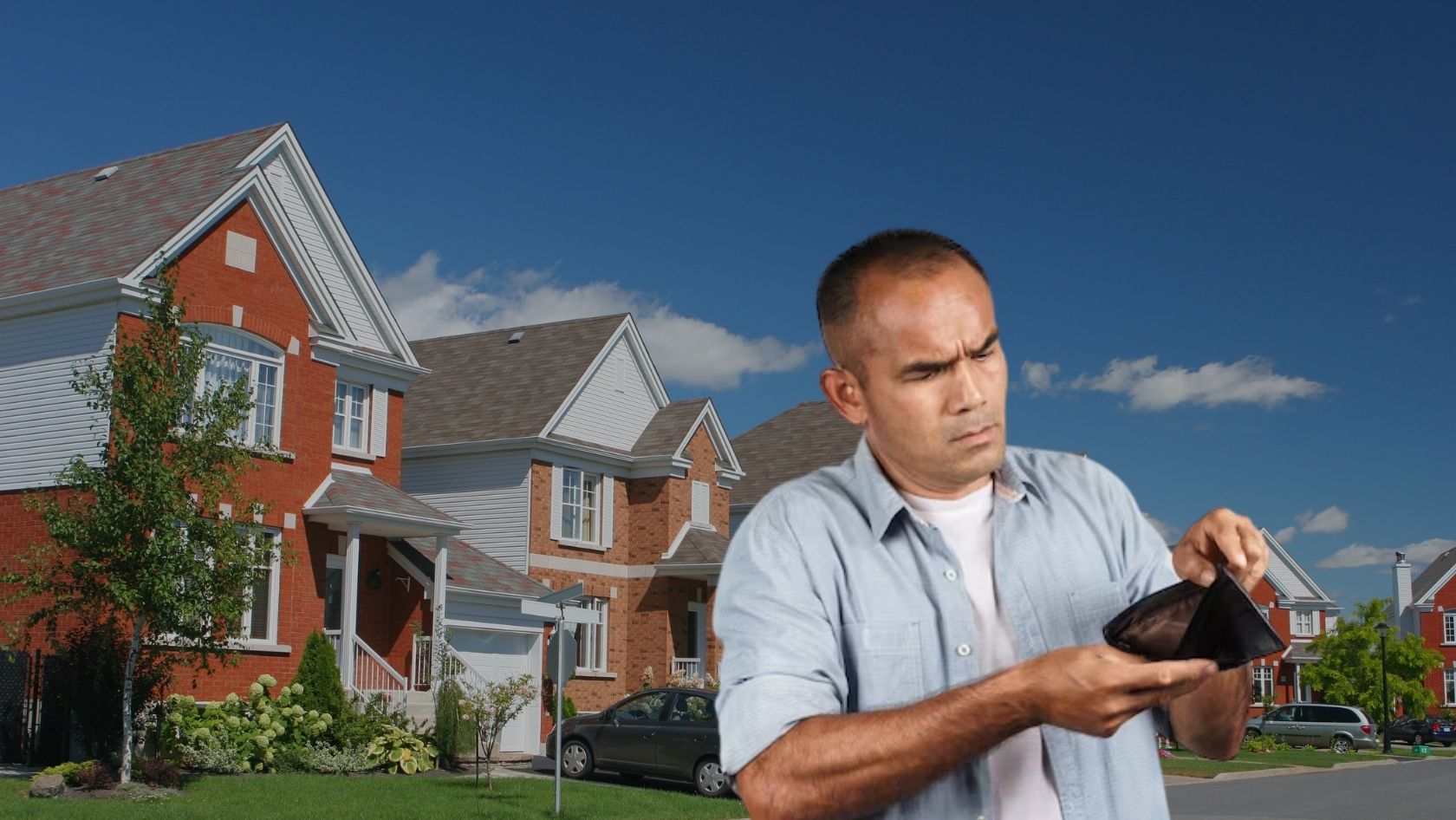 Man in a light blue shirt looks into an open wallet with a worried expression, against a backdrop of suburban houses.
