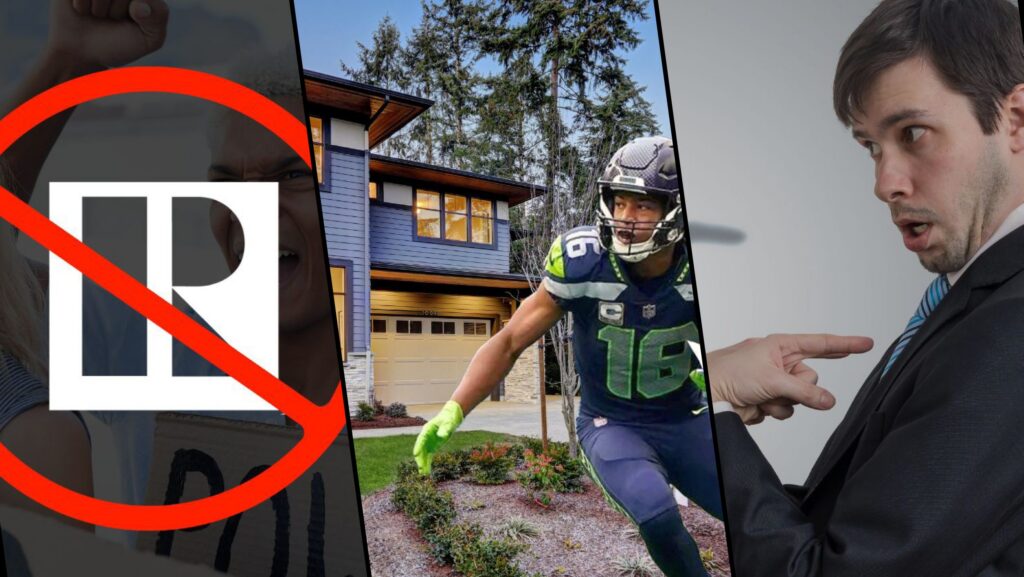 Collage-style image: left panel shows a person with a large red prohibition symbol over them; middle panel features a modern house with a football player in front; right panel shows a man in a suit gesturing as if explaining or arguing.