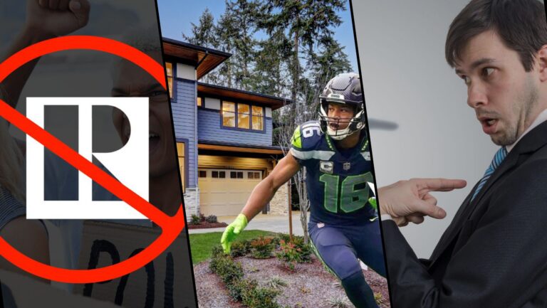 Collage-style image: left panel shows a person with a large red prohibition symbol over them; middle panel features a modern house with a football player in front; right panel shows a man in a suit gesturing as if explaining or arguing.