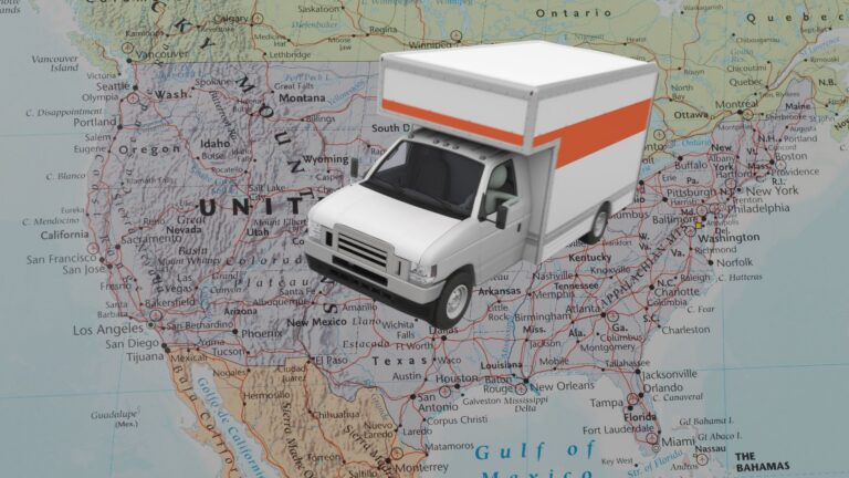 White box truck with an orange stripe hovering over a map of the United States.