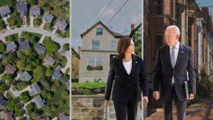Collage: aerial suburban neighborhood, a businesswoman beside a house, and a businessman beside an urban street in panels.
