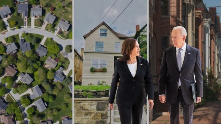 Collage: aerial suburban neighborhood, a businesswoman beside a house, and a businessman beside an urban street in panels.