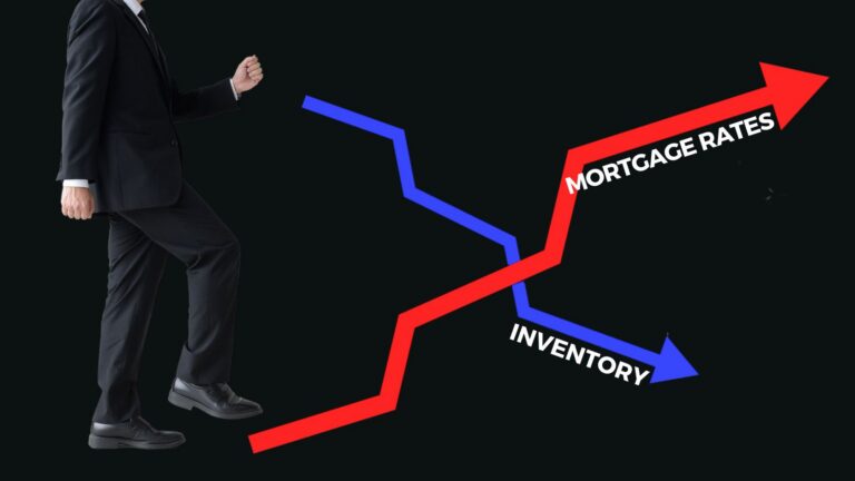 Businessperson in a suit steps over two jagged arrows, red labeled Mortgage Rates rising and blue labeled Inventory declining, on a dark background.