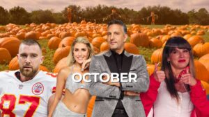Four adults pose in front of a pumpkin patch with the word OCTOBER across the center, implying a fall promotion or event.