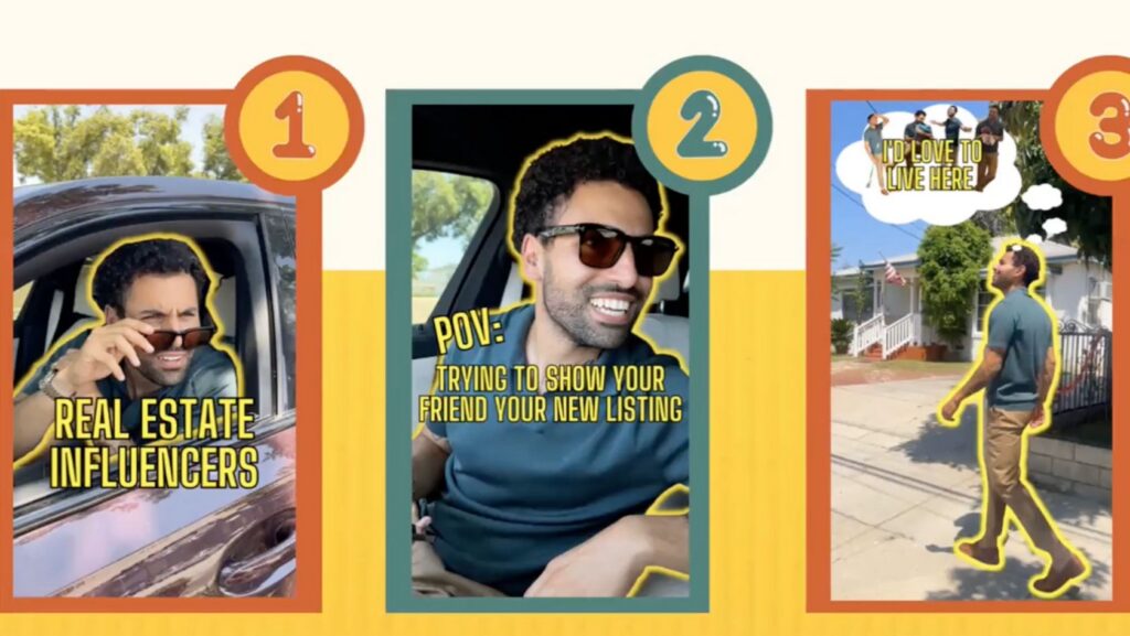 Three-panel collage featuring a man in sunglasses in a car (panel 1) with the caption 'Real Estate Influencers'. In panel 2, a man in a car with text 'POV: Trying to show your friend your new listing'. Panel 3 shows a man walking on a sidewalk with a thought bubble about living there.