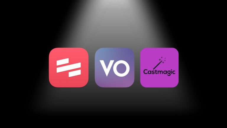 Three app icons on a dark spotlight background: left red rounded square with two white bars, center blue‑purple gradient with the letters 'VO', right purple square with Castmagic logo and wand.