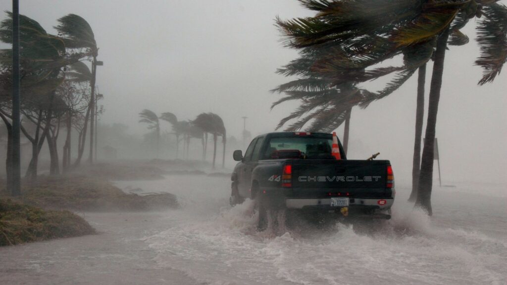 Pickup truck drives through floodwater on a windy coastal street as palm trees bend under a stormy sky (hurricane-like scene)