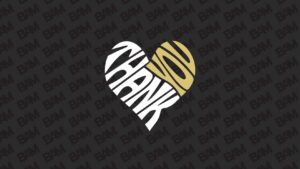 Abstract heart-shaped logo formed by striped halves: left half in black-and-white stripes, right half in gold, on a dark background.