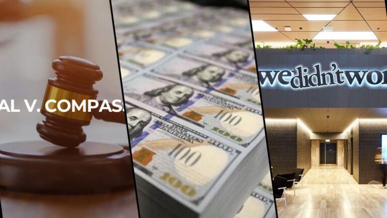 Collage of four panels: a judge's gavel, bundles of US dollars, a partial neon sign reading 'we did…', and a modern hotel lobby corridor.