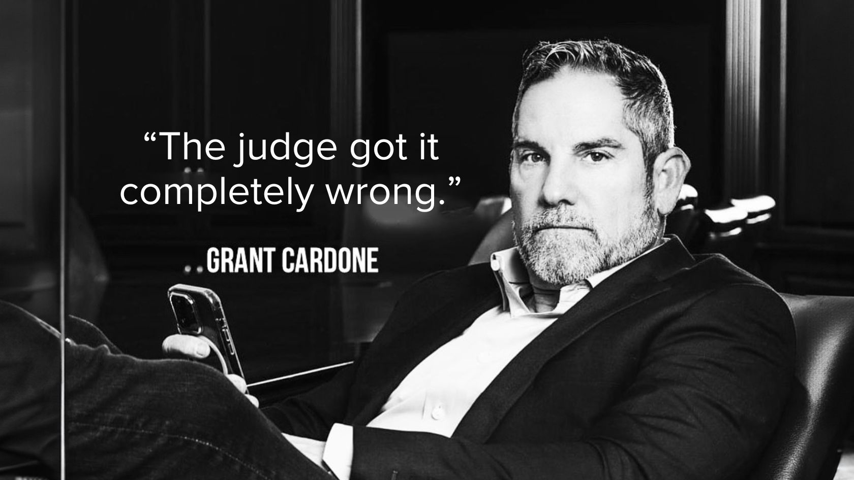 Black-and-white portrait of a man in a suit with the quote: “The judge got it completely wrong.”