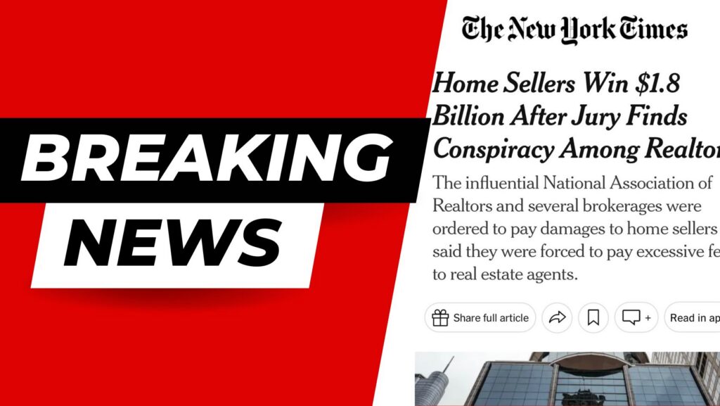 Breaking News banner with bold white 'BREAKING' text on a black slanted strip over a red background, next to a right-side New York Times–style headline about home sellers winning $1.8 billion.