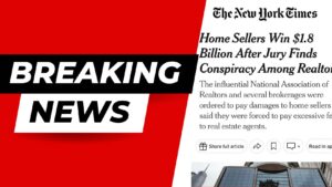 Breaking News banner with bold white 'BREAKING' text on a black slanted strip over a red background, next to a right-side New York Times–style headline about home sellers winning $1.8 billion.