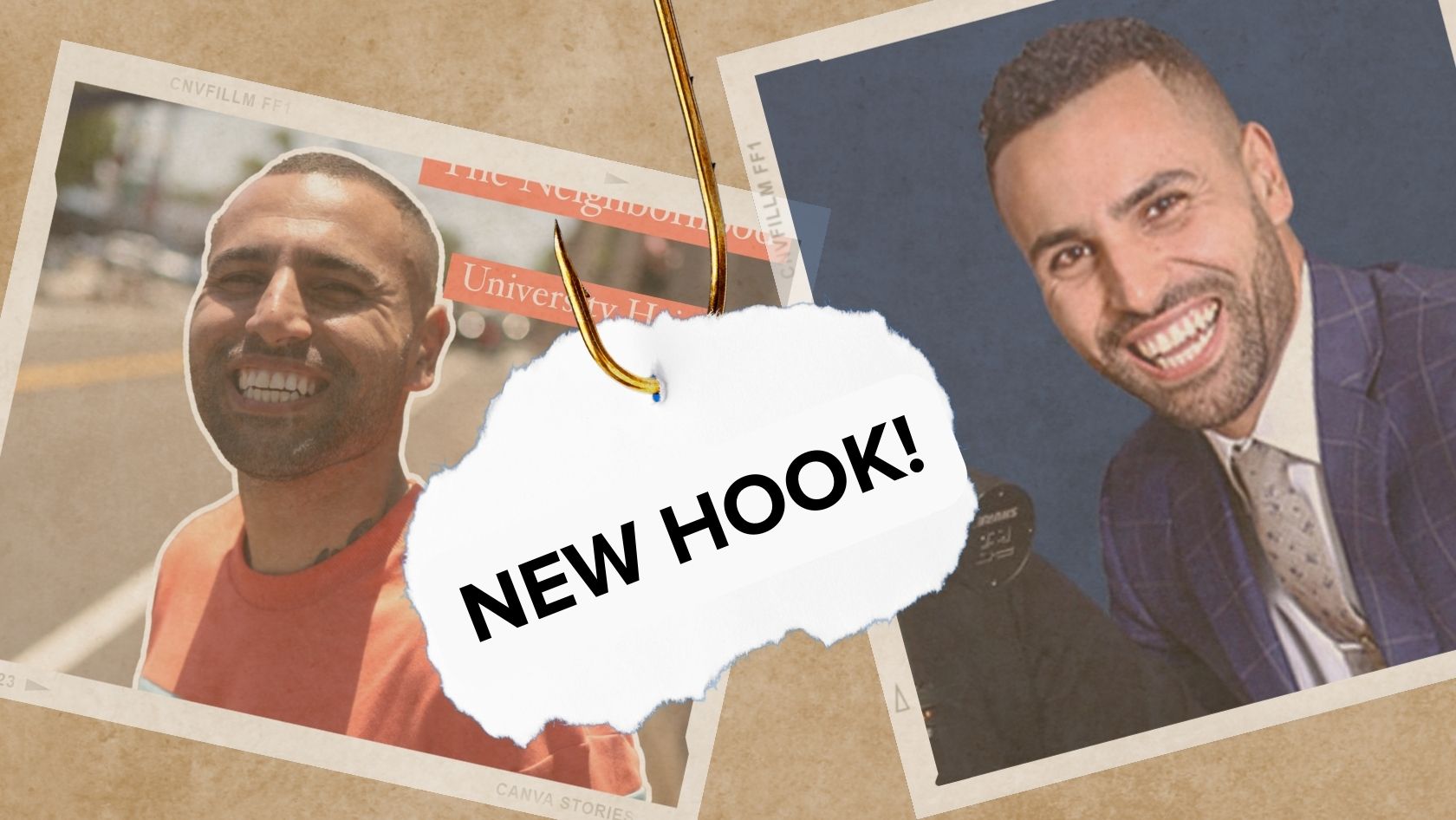 Collage of two smiling men in photos with a torn paper label reading NEW HOOK!, indicating a fresh story angle.