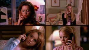 Top-left: woman with wavy brown hair on a mobile phone, looking concerned in a cluttered bedroom scene with a lamp and toys nearby.